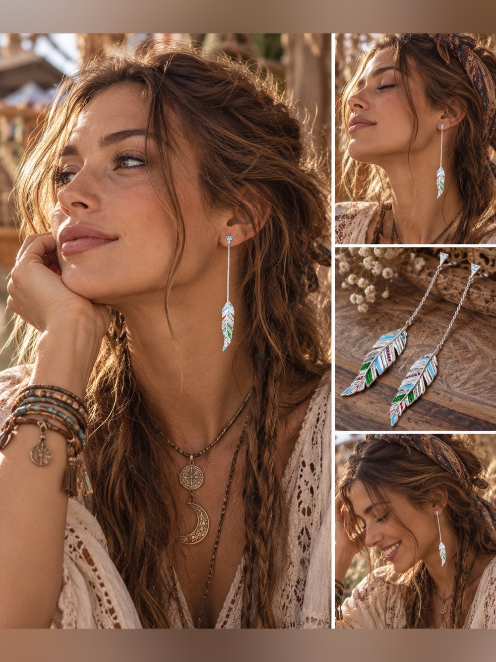 Bohemian Silver Feather Drop Earrings with Multicolor Inlay